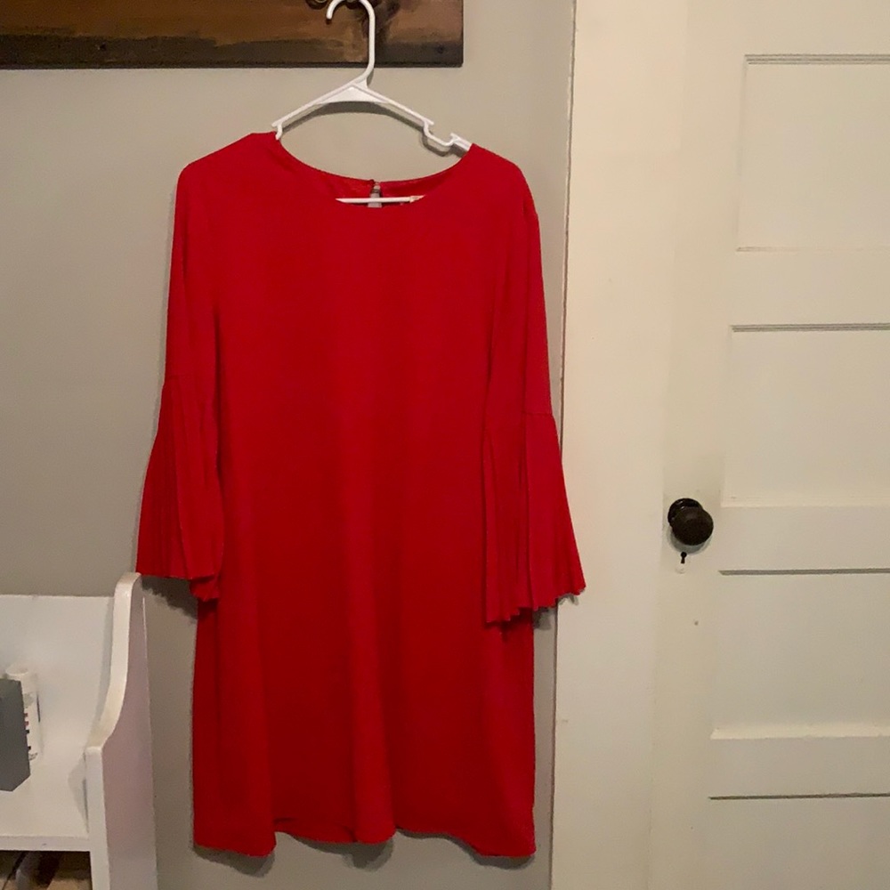Red Work Dress with Flared Bell Sleeves